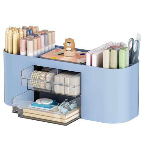 Marbrasse Organizador de mesa com 3 gavetas, suporte de lápis de mesa multifuncional, organizador de escritório e acessórios com 7 compartimentos para casa, escola, sala de aula (azul)