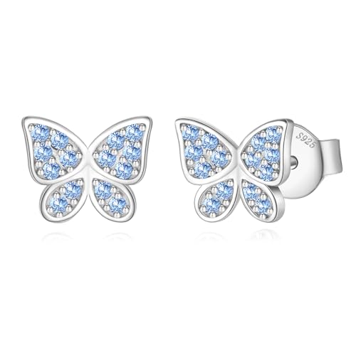 Jrêveinfini Brincos de borboleta em prata de lei 925 com zircões brilhantes - jóias elegantes para mulheres e meninas, brincos hipoalergénicos menina com caixa de presente
