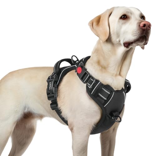 rabbitgoo Arnês médio para cão com 3 fivelas, libertação do pescoço, arnês ajustável com alça e clipe frontal, arnês antipuxões para cães refletor, para treino correr, preto, L