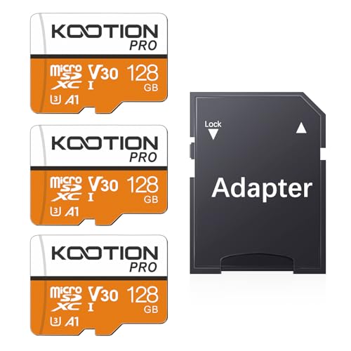 KOOTION Embalagem de 3 cartões micro SD de 128 GB com UHS-I, U3, V30, A1, alta velocidade de 90 MB por segundo, cartão TF de gravação 4K com adaptador