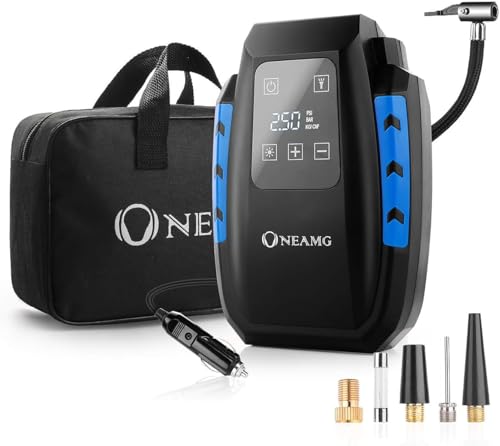 OneAmg Compressor de ar elétrico portátil alimentado com medidor de pressão de 12 V com LED luzes de emergência para inchar pneu de mota carro e bicicleta (preto)