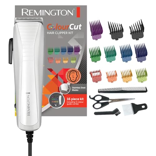 Remington Máquina de cortar cabelo ColourCut - corta-pelos com cabo, lâminas de aço inoxidável, 9 pentes, alavanca seleção comprimento, 4 acessórios: Tesouras, pente, escova limpeza e pescoço - HC5035