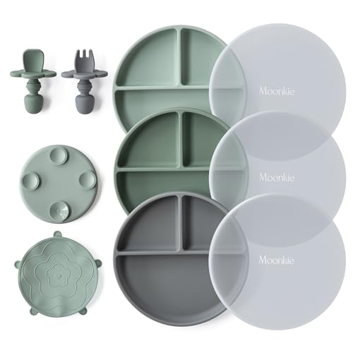 Moonkie Pratos de silicone para bebé, 3 peças, prato anti-capotamento para bebé, com garfo e colher, prato ventosa para bebé, adequado para máquina de lavar louça, frigoríficos e micro-ondas