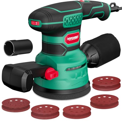 HYCHIKA Lixadeira Orbital de 450W, seis velocidades de 6000-12000 OPM, eficiente sistema de recolha de pó com 20 peças de lixa, ideal para lixar metal e madeira