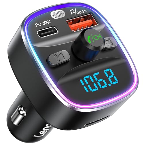 LENCENT Transmissor FM Bluetooth 5.4 para carro, adaptador rádio 48W [PD 30W & 18W][luz de 7 cores] [carregamento rápido], mãos livres sem fios leitor MP3 carro, suporte para cartão TF e memória USB