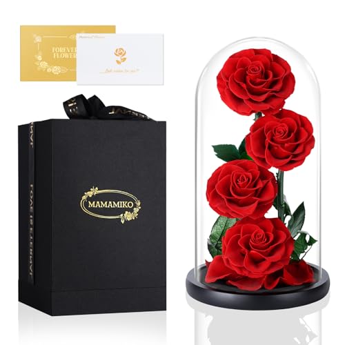 4 Rosa Eternas em cúpula de Crista, flores naturais, rosa eterna natural preservada, ideias naturais rosas presentes para o dia da mãe, dia dos namorados, aniversário, mulher, mãe, namorada (vermelha)