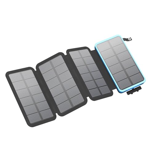 FEELLE Carregador solar Power Bank 25000 mAh, bateria externa com saída dupla USB de 3,0 A e 4 painéis solares dobráveis carregador portátil para smartphone, tablet e muito mais (azul)