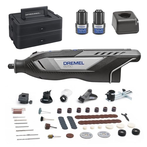 Dremel 8250 Ferramenta rotativa sem cabo 12 V sem escovas 5.000 - 30.000 RPM Kit com caixa Dremel, 65 acessórios, 5 adaptadores 2 pilhas + carregador para amolar, perfuração, fresar, remover argamassa