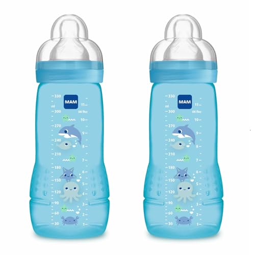 MAM Embalagem de 2 bibões, a partir de 4 meses, 330 ml, com Tetina 3 de fluxo rápido de silicone de fácil aceitação, fácil de segurar, fácil de limpar, MAM Easy Active, azul brilhante, pack de 2