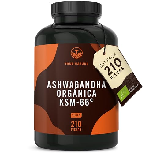 KSM-66 Ashwagandha Ecológica, 210 cápsulas (formato de poupança), alta potência 600 mg – Withania somnifera (gininseng índio autêntico), vegano, TRUE NATURE