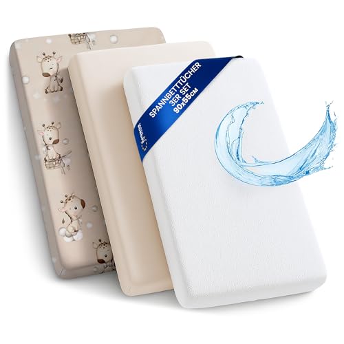 Lençóis ajustáveis para carrinho de bebé conjunto de 3: 90 x 55 cm, 2 lençóis 1 protetor de colchão impermeável, acessórios para berço e miniberço bege com estrelas brancas