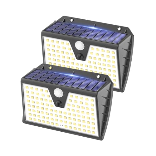 SEZAC Luzes solares LED para exterior e jardim, 3 modos luz solar exterior, IP67 à prova d'água, holofotes solares para segurança e iluminação (2 pacotes)