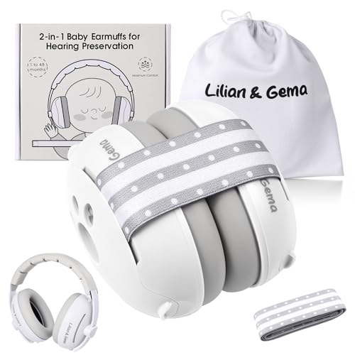 Lilian&Gema 2 em 1 capacetes para bebés antirruído, protetores auditivos para bebés, faixa de cabeça ajustável, antiderrapante e sem pressão. Proteção auditiva ideal para bebés até 48 meses, Branco