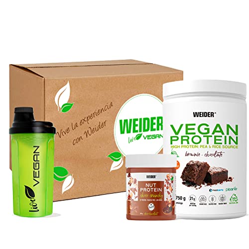 Weider - Caixa vegan: 1 proteína vegan de chocolate de 750 g 1 nut protein crunchy shaker de presente