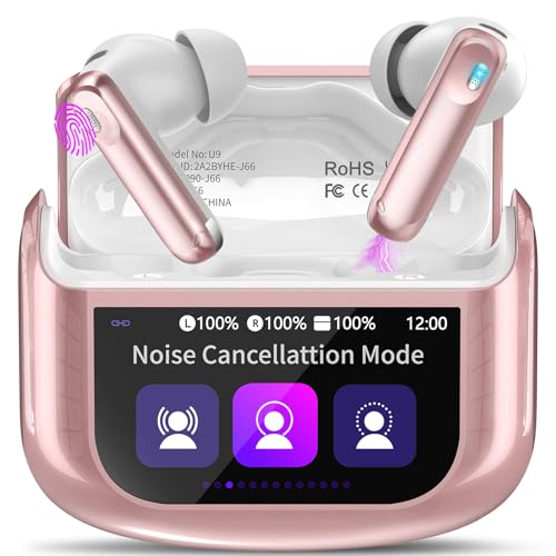 Auriculares Bluetooth com ecrã tátil 2025, auriculares sem fios Bluetooth 5.4 com microfone ANC+ENC com cancelamento de ruído, 48 horas de tempo de reprodução, rosa