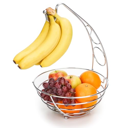 Exzact Fruteira com gancho para bananas, cesta de frutas de aro, prateleira para frutas de 41 cm de altura, acabamento em cromado prateado