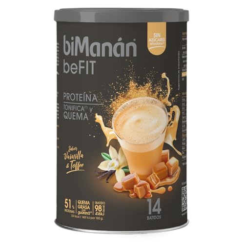biManán - Batido de proteína sabor baunilha e tofee, 51% de proteína com guaraná, fibra, ácido fólico, vitaminas e minerais, 14 batidos, 420 g