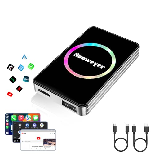 Sunweyer Adaptador sem fios CarPlay para carro, dispositivo de transmissão Ai Box, compatível com Netflix, Youtube, Hulu, Disney+, adaptador sem fios Android automático, 3 em 1, duplo WiFi