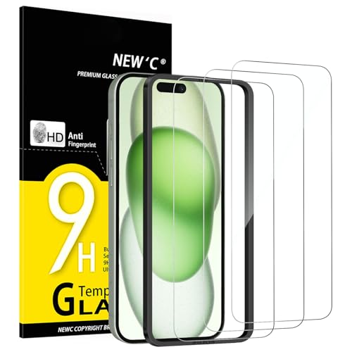 NEW'C 3 peças, protetor de ecrã para iPhone 16 Plus, iPhone 15 Plus (6,7 polegadas), vidro temperado com ferramenta de instalação fácil incluída, anti-riscos, dureza 9H, ultra resistente