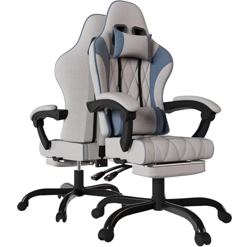 Devoko Cadeira de jogos de tecido, cadeiras de escritório ergonómicas com massageador, cadeira Gamer com estofamento de molas, com apoio de cabeça, apoio para os pés, rodas, regulável em altura
