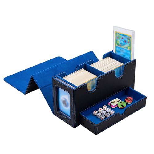 Tolesum Caixa de cartões de dupla camada para Mtg, com gaveta de dados, 2 janelas laterais, caixa de cobertura magnética com capacidade para mais de 300 cartões para cartões Commander Tcg - azul preto
