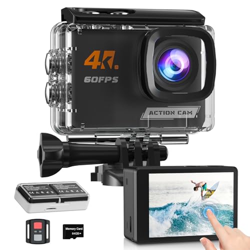 4K60FPS Câmara desportiva ecrã tátil, 40 m câmara aquática com cartão SD 64G, estabilização 6 eixos câmara de ação 48 MP Wi-Fi câmara de vídeo com 8X Zoom 2 * 1350 mAh baterias acessórios kits