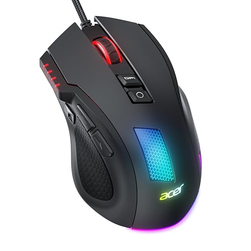 acer Rato Gaming para jogos de 12800 dpi com cabo, RGB Mouse Gaming ergonómico com 8 botões, botão de disparo rápido e condutor personalizável, ideal para jogos em PC e portáteis