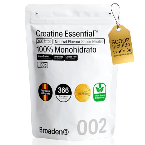 BROADEN 1,1 kg Creatina monohidrata em pó sem sabor com 366 doses, 100% monohidrato de creatina microfibra, não inclui dose, sem adicionados, sem OMG, vegano, sem glúten.