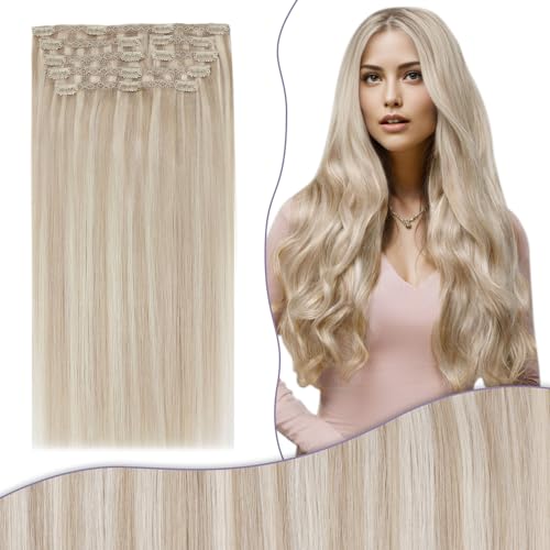 Fshine Clipe de extensões de cabelo humano 135 g 45 cm 7 peças extensões de cabelo natural reflexos loiro cinza com loiro descolorado Full Head Clip in Hair Extensões de cor 18 P613