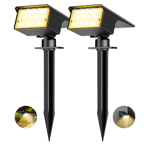 kolpop Luzes solares LED para exterior e jardim [2 peças/77 LED], 3000 K luz solar exterior quente, impermeável IP65, 1800 LM Focos solares para pátio, piscina, vasos, chão, terraço, relva, terraço