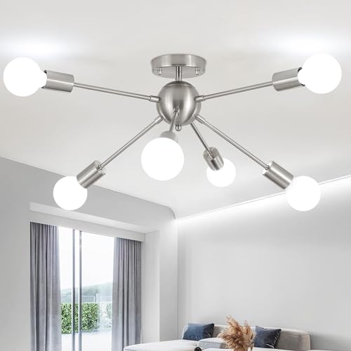ASHUAQI Candeeiros de teto de sala de estar de níquel, 6 luzes modernas candeeiro de teto quarto cromado, base E27 candeeiros de lustre vintage candeeiro Sputnik para sala de jantar, cozinha,