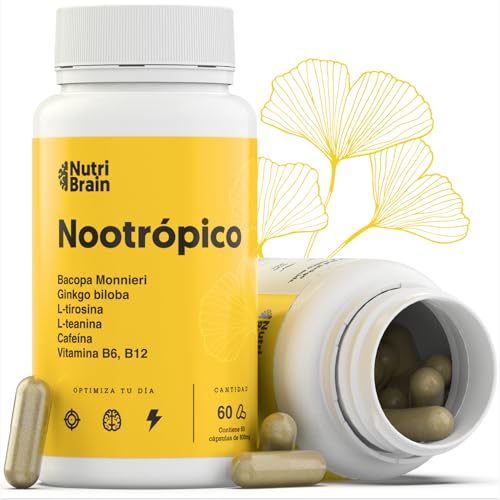 Embalagem natural nootrópica XL de 60 cápsulas, fórmula para aumentar a energia, concentração e agilidade mental, cafeína, Ginko Biloba, tirosina, teanina, bonsai monnieri e vitaminas
