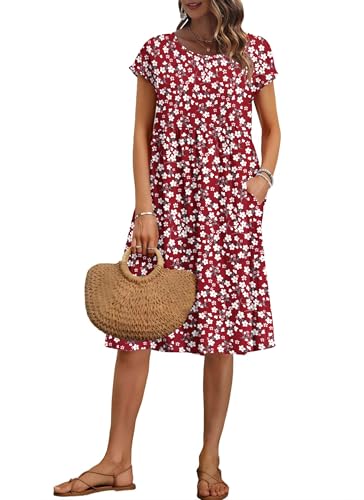 AUSELILY Vestido de verão, manga curta até ao joelho, para mulher, vestidos folgados, com decote redondo e bolsos