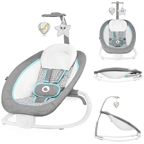 LIONELO Pascal baby bouncer vibrações delicadas 12 melodias incorporadas com controlo de volume ajuste do encosto barra de brinquedos interativos dobrável em tamanho compacto (Grey Scandi)