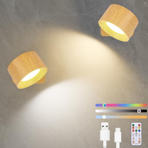 Diealles Shine Aplique parede interior de 2 peças, candeeiro de parede USB-C recarregável, apliques de parede reguláveis, 360 ° rotativo, controlo tátil e controlo remoto, 19 RGB cores (cor de