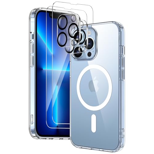 COPIKE Capa magnética para iPhone 13 Pro com 2 vidro temperado, compatível com MagSafe capa anti-choque anti-amarelo tampa traseira resistente a riscos, transparente
