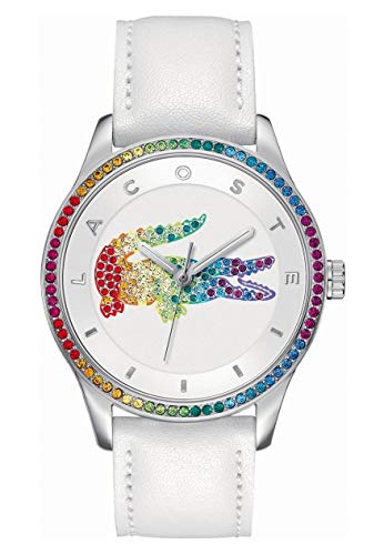 Lacoste Relógio analógico de quartzo para mulher coleção Victoria com correia de couro branca - 2000822, Prateado/branco/multicolorido, Elegante e minimalista