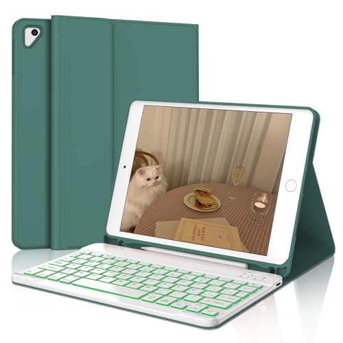 IVEOPPE Capa teclado iPad 6 geração 9,7", teclado espanhol Ñ Bluetooth retroiluminados destacável para iPad 6 Gen 2018/5 Gen 2017/Air 2/Air 1/Pro 9.7, verde escuro