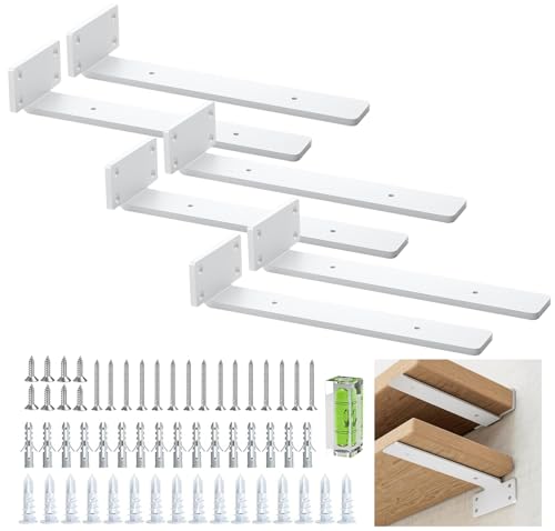 Conjunto de 6 suportes flutuantes para prateleiras, 25 cm, ângulos de prateleira resistentes (4 mm), metal grosso, suportes flutuantes brancos com acabamento moderno em ferro, cor branca