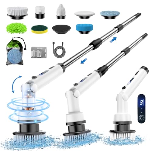 ETENTOUS Escova de limpeza doméstica, 8 em 1 escova elétrica limpeza doméstica, limpa-vidros elétrico com 140 cm pega ajustável, 3 velocidades 3 ângulos, Cleaning Brush para casa de banho, banheira,