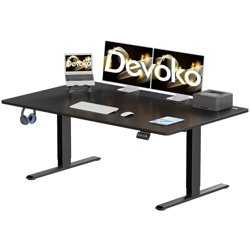 Devoko Mesa elétrica elevável 140 x 60 cm, mesa regulável em altura com gancho, 71 - 119 cm, 2 opções de memória inteligente, adequado para estudar o trabalho (preto)