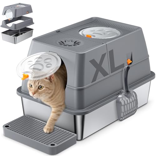 Caixa de areia fechada extragrande, areia para gatos de aço inoxidável com cobertura, areia de gato grande, com pá, anti-fugas, sem odor, fácil de limpar, para vários gatos