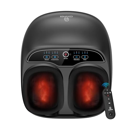 COMFIER Massajador de pés com calor, massajador de pés Shiatsu com controlo remoto, rolos e compressão de ar, 3 intensidades para músculos e plantas cansadas, preto, até ao tamanho dos sapatos 46