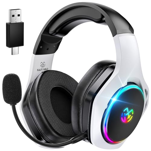 Tatybo Auriculares Gaming sem fios para PC/Ps5/Ps4, capacetes Gaming sem fios com micro 2,4 GHz+5,3 Bluetooth modo duplo, 7,1 som envolvente, duração 40 HR +