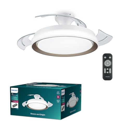 Philips Bliss Ventoinha de teto com luz silenciosa, LED 28W, motor DC (35W), temperaturas de cor (2700-4000-5500K), pás retráteis, comando incluído, modo verão e inverno, cor branca e dourada