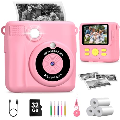 Câmara com fotos infantis instantâneas, GREENKINDER câmara fotográfica infantil, 2,4" HD 1080P câmara instantânea para crianças com cartão de 32 GB, canetas coloridas e papel de impressão