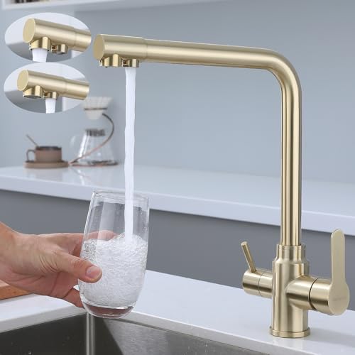 SkyPanda Torneira de cozinha de 3 vias para água potável, dourado, com alavanca dupla, sistema de infiltração 3 em 1, misturador rotativo de 360°, com 2 saídas, aço inoxidável 304, dourado escovado