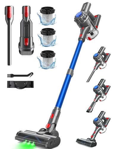 Ivormentico 50 m aspirador sem cabo, 40 KPA aspirador sem fios, 450 W vassoura aspirador sem cabo com escova para chão melhorada, aspirador vertical com LED verde, para chão/cabelo, azul