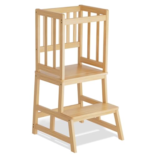 COSYLAND Torre de aprendizagem desde 18 meses - torre de aprendizagem de madeira para crianças - proteção anti-virar e barra de segurança - para casa de banho, quarto infantil e cozinha - madeira