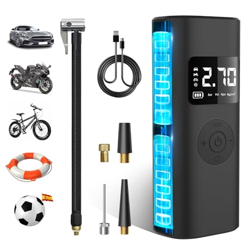 Hexinex 7800 mAh Compressor de ar portátil 150 PSI & Power Bank, insuflador de rodas para carro com ecrã LCD digital e lanterna LED SUS, bomba de ar bicicletas, scooters, motociclo, carro, bolas